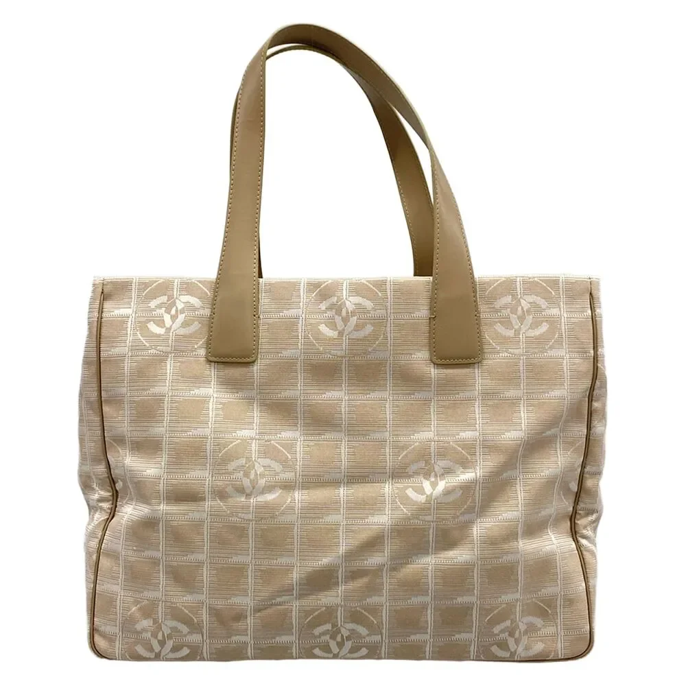 Chanel New Travel Line Tote MM Tote Bag Beige White Nylon Jacquard Leather